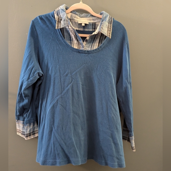 Fashion Bug Sweaters - Fashion Bug Layered Blue Pullover with Plaid Shirt Detail Women's Size 22/24